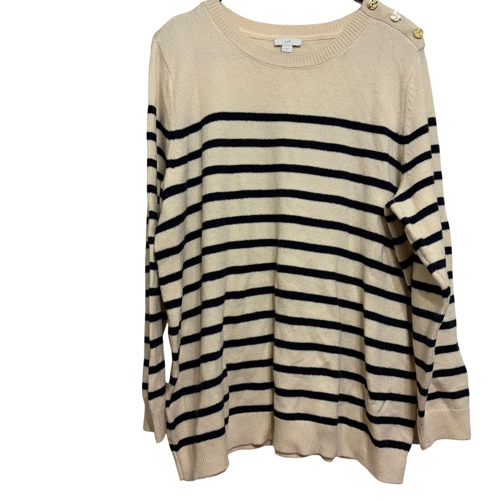 J. Jill Women XL Cream Navy Blue Striped Cotton Blend Shoulder Button Sweater